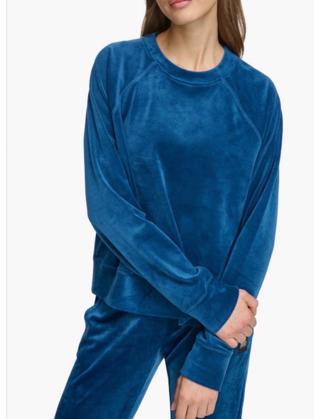 DKNY Velour Crewneck Raglan Sweatshirt in Poseidon Size Large EUC
